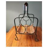 Wine 3 bottle holder green metal and wicker 15"