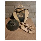 Vintage bowling bowl, bag, and shoes