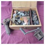Wood Box with misc hardware, hinges, castors,