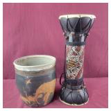 Djembe drum and planter with animals