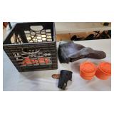 Skeet clay discs. Holster, turkey flambeau, milk