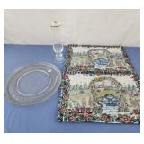 Garden scene 4 place mats, gold rim vase, glass