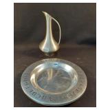 Vintage Pewter pitcher 9" tall and ABC plate 9.5"