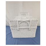 White wicker picnic basket with contents serves 4