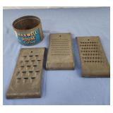 Vintage graters, maxwell house coffee tin