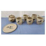 Blue flower Jugtown pottery mugs, sugar bowl