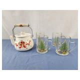 Christmas tree glass mugs, enamel tea kettle