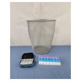 Weekly pill organizers, wire trash bin