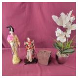 Oriental Dolls, Fabric Box, Faux Orchid