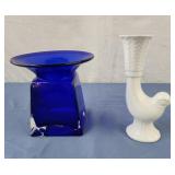 Cobalt blue glass vase, vintage ceramic bird bud