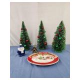 Christmas decorations, 13" trees, plate, stone