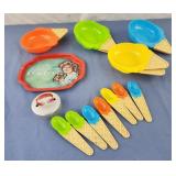Plastic ice cream spoons and bowls, cookie