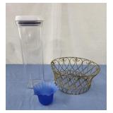 Wire basket, plastic container, blue votive