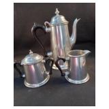 Stainless tea pot, creamer and sugar bowl