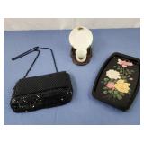 Small black beaded hand bag, rose trinket dish,