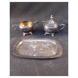 Silver plated creamer, sugar bowl and etched
