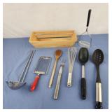 Assorted utensils and small crate
