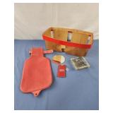 Hot water bottle, basket mirror, ashtray, hair