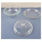 Pyrex pie plate, pyrex bowl and lid