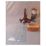 Misc lot. Glass light switch covers, wood trinket