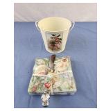 Holly fairy tin bucket, napkins, fancy spread