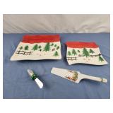 Christmas tree with cardinals plates, pie server