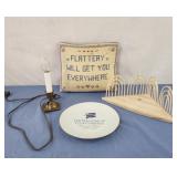 Brass electric candle, presidential china plate,