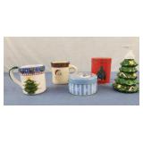 Christmas tins. Mugs, tree soap dispenser has