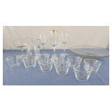Assorted glassware, dessert cups, wine glasses,