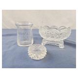 Avon salt cellar, etched glass toothpick holder