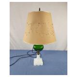 Green floral glass and milk glass vintage lamp