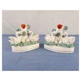 A PAIR OF STAFFORDSHIRE SWAN SPILL VASES, two