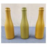 3 painted glass bottles 8" tall