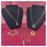 Group of Gold Colored Jewlery- Necklaces,