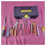Plastic Tool Box and contents - fishing pliers,