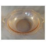 Depression pink bowl with handles 11 3/4 ï¿½ 2 3/4