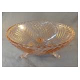 Depression pink 3 footed bowl 8.5 x 3.5