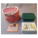 Misc lot. Playing cards, china storage bag & more
