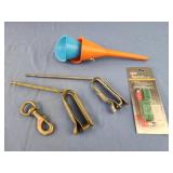 Funnels, brass hook, vintage air nozzles one