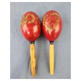 Vintage Wooden Painted Red Maracas Hand Carved