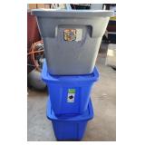 3 storage tubs one has stickers and crayon marks