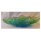 Blue-green glass bowl. Color coming off. 15 x 4.5