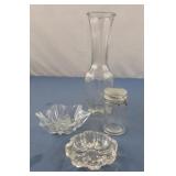 Glass vase 9" tall, candle holder, ashtray tray