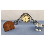 Metal and wood book end, metal mantle clock,