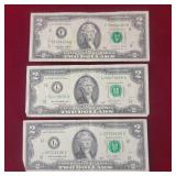 Three- 2 dollar bills -  1995, 2- 2013