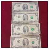 Four - 2 dollar bills -  1995, 3- 2013