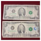 Two - 2 dollar bills Series 2003 A