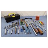 Small black plastic tool box with contents tools