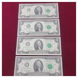 Four - 2 dollar bills with Sequential serial
