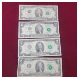 Four - 2 dollar bills - 1995, 2009, 2 - 2013